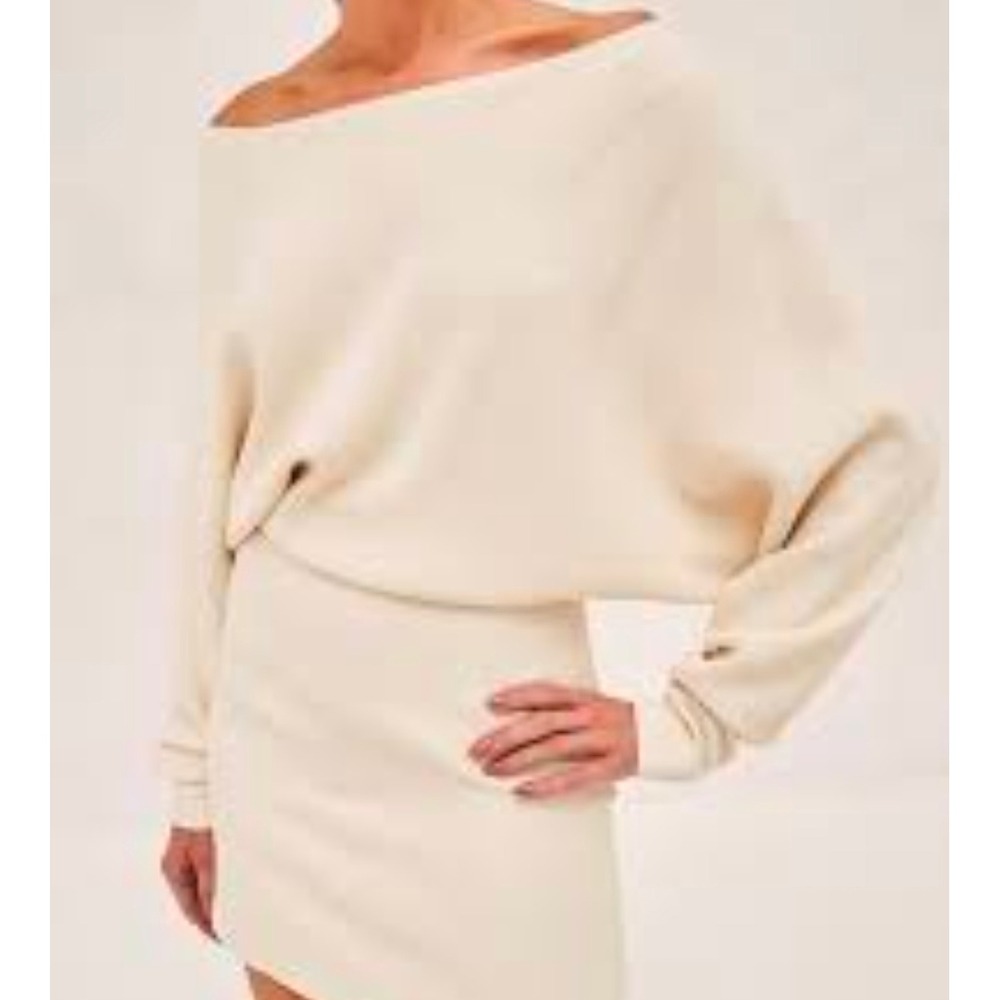 FORE Cream Off The Shoulder Batwing Sleeve Belted Mini Dress Large H737